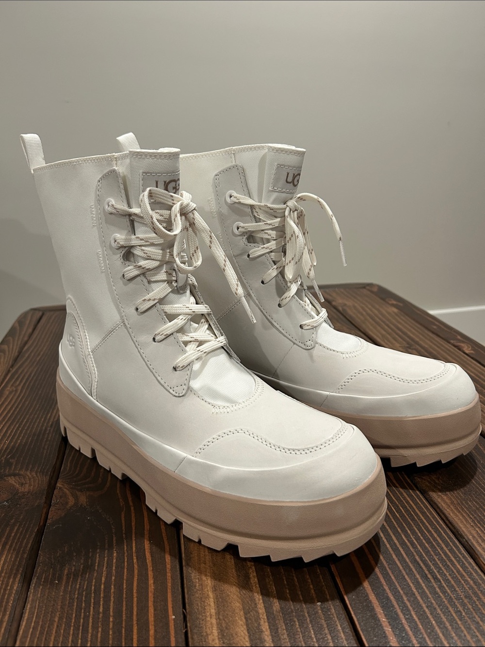 UGG Lug Women's Bright White Lace-Up Boots with Tan Sole